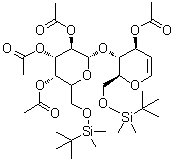 1,5-Anhydro-2-deoxy-6-O-[(1,1-dimethylethyl)dimethylsilyl]-4-O-[2,3,4-tri-O-acetyl-6-O-[(1,1-dimethylethyl)dimethylsilyl]-beta-D-galactopyranosyl]-D-arabino-hex-1-enitol acetate molecular structure (CAS 308103-46-0)