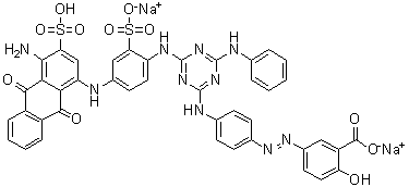 5-[[4-[[4-[[4-[(4-Amino-9,10-dihydro-9,10-dioxo-3-sulfo-1-anthracenyl)amino]-2-sulfophenyl]amino]-6-(phenylamino)-1,3,5-triazin-2-yl]amino]phenyl]azo]-2-hydroxybenzoic acid disodium salt molecular structure (CAS 32582-78-8)