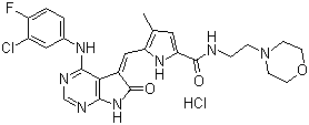 5-[[4-[(3-Chloro-4-fluorophenyl)amino]-6,7-dihydro-6-oxo-5H-pyrrolo[2,3-d]pyrimidin-5-ylidene]methyl]-4-methyl-N-[2-(4-morpholinyl)ethyl]-1H-pyrrole-2-carboxamide hydrochloride molecular structure (CAS 346599-65-3)