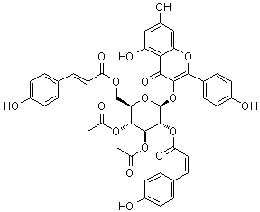 structure of CAS# 349545-02-4, 3-[[3,4-Di-O-acetyl-6-O-[(2E)-3-(4-hydroxyphenyl)-1-oxo-2-propenyl]-2-O-[(2Z)-3-(4-hydroxyphenyl)-1-oxo-2-propenyl]-beta-D-glucopyranosyl]oxy]-5,7-dihydroxy-2-(4-hydroxyphenyl)-4H-1-benzopyran-4-one