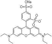 structure of CAS# 3520-42-1, Sulforhodamine B;Hydrogen 3,6-bis(diethylamino)-9-(2,4-disulphonatophenyl)xanthylium sodium salt