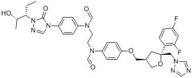 structure of CAS# 357189-95-8, Posaconazole Impurity B;N-[2-[4-[[(3R,5R)-5-(2,4-difluorophenyl)-5-(1,2,4-triazol-1-ylmethyl)oxolan-3-yl]methoxy]-N-formylanilino]ethyl]-N-[4-[1-[(2S,3S)-2-hydroxypentan-3-yl]-5-oxo-1,2,4-triazol-4-yl]phenyl]formamide