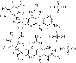 structure of CAS# 3810-74-0, Streptomycin sulfate ;O-2-Deoxy-2-(methylamino)-alpha-L-glucopyranosyl-(1->2)-O-5-deoxy-3-C-formyl-alpha-L-lyxofuranosyl-(1->4)-N,N'-bis(aminoiminomethyl)-streptamine sulfate (2:3);