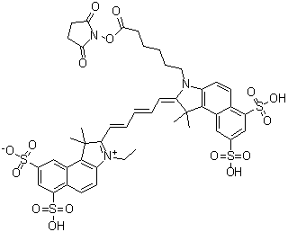 2-[5-[3-[6-[(2,5-Dioxo-1-pyrrolidinyl)oxy]-6-oxohexyl]-1,3-dihydro-1,1-dimethyl-6,8-disulfo-2H-benz[e]indol-2-ylidene]-1,3-pentadienyl]-3-ethyl-1,1-dimethyl-6,8-disulfo-1H-benz[e]indolium inner salt molecular structure (CAS 442912-55-2)