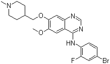 结构式 CAS# 443913-73-3, 凡德他尼; 4-(4-溴-2-氟苯胺基)-6-甲氧基-7-[(1-甲基哌啶-4-基)甲氧基]喹唑啉