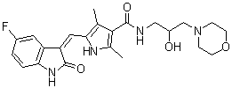 5-[(Z)-(5-Fluoro-1,2-dihydro-2-oxo-3H-indol-3-ylidene)methyl]-N-[2-hydroxy-3-(4-morpholinyl)propyl]-2,4-dimethyl-1H-pyrrole-3-carboxamide molecular structure (CAS 452104-85-7)