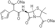 结构式 CAS# 4697-14-7, 替卡西林二钠; 替卡西林钠; (2S,5R,6R)-6-[[(2R)-羧基-3-噻吩基乙酰]氨基]-3,3-二甲基-7-氧代-4-硫杂-1-氮杂二环[3.2.0]庚烷-2-羧酸二钠盐