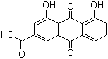 structure of CAS# 478-43-3, Rhein;4,5-Dihydroxyanthraquinone-2-carboxylic acid; 1,8-Dihydroxy-3-carboxyanthraquinone; 9,10-Dihydro-4,5-dihydroxy-9,10-dioxo-2-anthracenecarboxylic acid; Rhubarb yellow; Cassic acid
