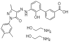 structure of CAS# 496775-62-3, Eltrombopag olamine;Promacta; Revolade; SB 497115GR; 3'-[(2Z)-2-[1-(3,4-Dimethylphenyl)-1,5-dihydro-3-methyl-5-oxo-4H-pyrazol-4-ylidene]hydrazinyl]-2'-hydroxy-[1,1'-biphenyl]-3-carboxylic acid compd. with 2-aminoethanol