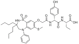 structure of CAS# 501692-44-0, Odevixibat;(2S)-2-[[(2R)-2-[[2-[(3,3-dibutyl-7-methylsulfanyl-1,1-dioxo-5-phenyl-2,4-dihydro-1?6,2,5-benzothiadiazepin-8-yl)oxy]acetyl]amino]-2-(4-hydroxyphenyl)acetyl]amino]butanoic acid