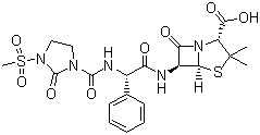 结构式 CAS# 51481-65-3, 美洛西林; 3,3-二甲基-6-[(R)-2-[3-(甲磺酰)-2-氧代-1-咪唑烷甲酰氨基]-2-苯乙酰氨基]-7-氧代-4-硫杂-1-氮杂双环[3.2.0]-庚烷-2-甲酸