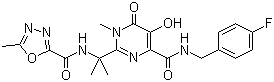 structure of CAS# 518048-05-0, Raltegravir;N-(2-(4-(4-Fluorobenzylcarbamoyl)-5-hydroxy-1-methyl-6-oxo-1,6-dihydropyrimidin-2-yl)propan-2-yl)-5-methyl-1,3,4-oxadiazole-2-carboxamide; N-((4-Fluorophenyl)methyl)-1,6-dihydro-5-hydroxy-1-methyl-2-(1-methyl-1-(((5-methyl-1,3,4-oxadiazol-2-yl)carbonyl)amino)ethyl)-6-oxo-4-pyrimidinecarboxamide