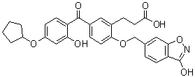 结构式 CAS# 530141-72-1, 3-[5-[4-(环戊基氧基)-2-羟基苯甲酰基]-2-[(3-羟基-1,2-苯并异恶唑-6-基)甲氧基]苯基]丙酸