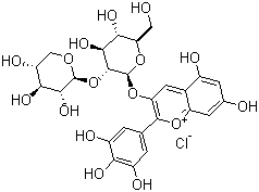 structure of CAS# 53158-73-9, Delphinidin 3-sambubioside chloride;5,7-Dihydroxy-2-(3,4,5-trihydroxyphenyl)-3-[(2-O-beta-D-xylopyranosyl-beta-D-glucopyranosyl)oxy]-1-benzopyrylium chloride
