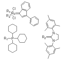structure of CAS# 536724-67-1, [1,3-Bis(2,4,6-trimethylphenyl)-2-imidazolidinylidene]dichloro-(3-phenyl-1H-inden-1-ylidene)(tricyclohexylphosphine)ruthenium(II);Neolyst M 2; Umicore M 2