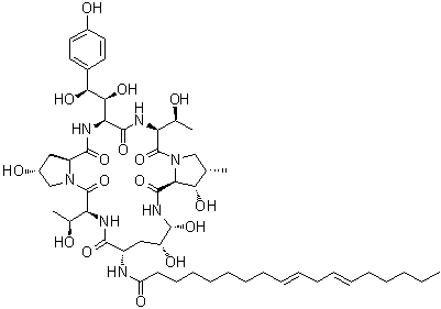 structure of CAS# 54651-05-7, Echinocandin B;1H-Dipyrrolo[2,1-c:2',1'-l][1,4,7,10,13,16]hexaazacycloheneicosine, cyclic peptide deriv.; A 30912 factor A; Antibiotic A 22082; [1(Z,Z),6(2alpha,3beta,4beta)]-(4R,5R)-4,5-Dihydroxy-N2-(1-oxo-9,12-octadecadienyl)-L-ornithyl-L-threonyl-trans-4-hydroxy-L-prolyl-(S)-4-hydroxy-4-(4-hydroxyphenyl)-L-threonyl-L-threonyl-3-hydroxy-4-methyl-L-proline cyclic (6?1)-peptide