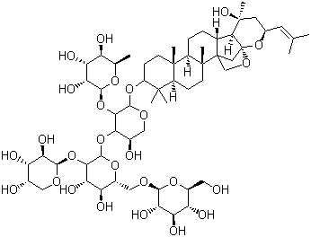 structure of CAS# 55466-04-1, Jujuboside A;O-6-Deoxy-a-L-mannopyranosyl-(1(r)2)-O-[O-b-D-glucopyranosyl-(1(r)6)-O-[b-D-xylopyranosyl-(1(r)2)]-b-D-glucopyranosyl-(1(r)3)]-(3b,16b,23R)-16,23:16,30-diepoxy-20-hydroxydammar-24-en-3-yl-a-L-arabinopyranoside