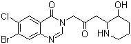 结构式 CAS# 55837-20-2, 常山酮; 卤夫酮; 溴氯哌喹酮; 7-溴-6-氯-3-[3-[(2R,3S)-3-羟基-2-哌啶基]-2-氧代丙基]-4(3H)-喹唑啉酮