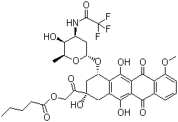 structure of CAS# 56124-62-0, Valrubicin;[2-Oxo-2-[(2S,4S)-2,5,12-trihydroxy-4-[5-hydroxy-6-methyl-4-[(2,2,2-trifluoroacetyl)amino]oxan-2-yl]oxy-7-methoxy-6,11-dioxo-3,4-dihydro-1H-tetracen-2-yl]ethyl] pentanoate