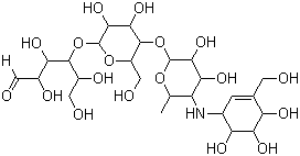 结构式 CAS# 56180-94-0, 阿卡波糖; O-4,6-双脱氧-4[[(1S,4R,5S,6S)4,5,6-三羟基-3-(羟基甲基)-2-环己烯]氨基]-(-D-吡喃葡糖基(1→4)-O-)-D-吡喃葡糖基(1→4)-D-吡喃葡萄糖