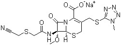 结构式 CAS# 56796-39-5, 头孢美唑钠; (6R,7S)-7-[[2-(氰甲基硫)乙酰]氨基]-7-甲氧基-3-[(1-甲基四唑-5-基)硫甲基]-8-氧代-5-硫杂-1-氮杂双环[4.2.0]辛-2-烯-2-甲酸钠盐