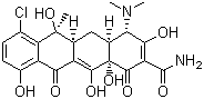 结构式 CAS# 57-62-5, 金霉素; 6-甲基-4-(二甲氨基)-3,6,10,12,12a-五羟基-1,11-二氧代-7-氯-1,4,4a,5,5a,6,11,12a-八氢-2-并四苯甲酰胺