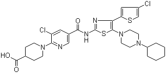 structure of CAS# 570406-98-3, 1-[3-Chloro-5-[[[4-(4-chloro-2-thienyl)-5-(4-cyclohexyl-1-piperazinyl)-2-thiazolyl]amino]carbonyl]-2-pyridinyl]-4-piperidinecarboxylic acid;1-[3-Chloro-5-[[4-(4-chlorothiophen-2-yl)-5-(4-cyclohexylpiperazin-1-yl)thiazol-2-yl]carbamoyl]-2-pyridyl]piperidine-4-carboxylic acid