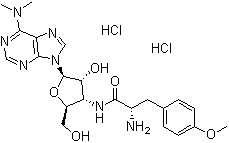 structure of CAS# 58-58-2, Puromycin dihydrochloride;(S)-3'-[[2-Amino-3-(4-methoxyphenyl)-1-oxopropyl]amino]-3'-deoxy-N,N-dimethyladenosine dihydrochloride