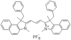 结构式 CAS# 581092-53-7, 近红外吸收剂 DCY02; 2-[3-[1,3-二氢-1,3-二甲基-1-(苯基甲基)-2H-苯并[e]吲哚-2-亚基]-1-丙烯]-1,3-二甲基-1-(苯基甲基)-1H-苯并[e]吲哚鎓六氟膦酸盐(1-)