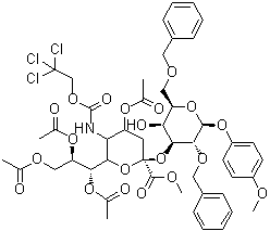 结构式 CAS# 610763-72-9, 4-甲氧基苯基 2,6-二-O-(苯基甲基)-3-O-[4,7,8,9-四-O-乙酰基-1-甲基-N-[(2,2,2-三氯乙氧基)羰基]-alpha-神经胺酸基]-beta-D-吡喃半乳糖苷