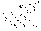 structure of CAS# 62596-29-6, Morusin;2-(2,4-Dihydroxyphenyl)-5-hydroxy-8,8-dimethyl-3-(3-methyl-2-buten-1-yl)-4H,8H-benzo[1,2-b:3,4-b']dipyran-4-one