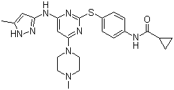 structure of CAS# 639089-54-6, Tozasertib;N-[4-[[4-(4-Methyl-1-piperazinyl)-6-[(5-methyl-1H-pyrazol-3-yl)amino]-2-pyrimidinyl]thio]phenyl]cyclopropanecarboxamide; MK 0457; VX 680