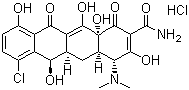 structure of CAS# 64-73-3, Demeclocycline hydrochloride;7-Chloro-6-demethyltetracycline hydrochloride; 7-Chloro-4-dimethylamino-3,6,10,12,12a-pentahydroxy-1,11-dioxo-1,4,4a,5,5a,6,11,12a-octahydro-naphthacene-2-carboxamide hydrochloride