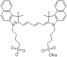structure of CAS# 64285-36-5, 2-[5-[1,1-Dimethyl-3-(4-sulfobutyl)-1,3-dihydrobenzo[e]indol-2-ylidene]penta-1,3-dienyl]-1,1-dimethyl-3-(4-sulfobutyl)-1H-benzo[e]indolium inner salt sodium salt