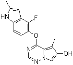 structure of CAS# 649735-41-1, 4-[(4-Fluoro-2-methyl-1H-indol-5-yl)oxy]-5-methylpyrrolo[2,1-f][1,2,4]triazin-6-ol