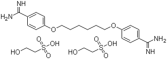 structure of CAS# 659-40-5, Hexamidine diisethionate;Hexamidine 2-hydroxyethansulfonate; 4-[6-(4-Carbamimidoylphenoxy)hexoxy]benzenecarboximidamide 2-hydroxyethanesulfonnate (1:2)