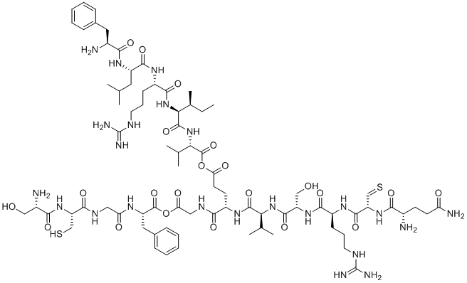 structure of CAS# 66004-57-7, Somatotropin (176-191);HGH FRAG 176-191; [(2S)-2-[[(2S,3S)-2-[[(2S)-2-[[(2S)-2-[[(2S)-2-amino-3-phenylpropanoyl]amino]-4-methylpentanoyl]amino]-5-carbamimidamidopentanoyl]amino]-3-methylpentanoyl]amino]-3-methylbutanoyl] (4S)-5-[[2-[(2S)-2-[[2-[[(2R)-2-[[(2S)-2-amino-3-hydroxypropanoyl]amino]-3-sulfanylpropanoyl]amino]acetyl]amino]-3-phenylpropanoyl]oxy-2-oxoethyl]amino]-4-[[(2S)-2-[[(2S)-2-[[(2S)-5-carbamimidamido-2-[[(2R)-2-[[(2S)-2,5-diamino-5-oxopentanoyl]amino]-3-sulfanylidenepropanoyl]amino]pentanoyl]amino]-3-hydroxypropanoyl]amino]-3-methylbutanoyl]amino]-5-oxopentanoate