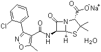 结构式 CAS# 7081-44-9, 氯唑西林钠; 3,3-二甲基-6-[5-甲基-3-(2-氯苯基)-4-异噁唑甲酰氨基]-7-氧代-4-硫杂-1-氮杂双环[3.2.0]庚烷-2-甲酸钠盐