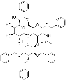 Phenylmethyl O-6-deoxy-2,3,4-tris-O-(phenylmethyl)-alpha-L-galactopyranosyl-(1→3)-O-[beta-D-galactopyranosyl-(1→4)]-2-(acetylamino)-2-deoxy-6-O-(phenylmethyl)-alpha-D-glucopyranoside molecular structure (CAS 71208-05-4)