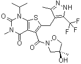 5-[[(4S)-4-Hydroxy-4-methyl-2-isoxazolidinyl]carbonyl]-3-methyl-1-(1-methylethyl)-6-[[3-methyl-5-(trifluoromethyl)-1H-pyrazol-4-yl]methyl]-thieno[2,3-d]pyrimidine-2,4(1H,3H)-dione molecular structure (CAS 733809-45-5)