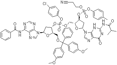N-Benzoyl-5'-O-[bis(4-methoxyphenyl)phenylmethyl]-P-(4-chlorophenyl)-2'-deoxyadenylyl-(3'→5')-2'-deoxy-N-(2-methyl-1-oxopropyl)-3'-guanylic acid 4-chlorophenyl 2-cyanoethyl ester molecular structure (CAS 73591-23-8)