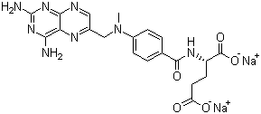 结构式 CAS# 7413-34-5, 甲氨蝶呤二钠盐; N-[4-[[(2,4-二氨基-6-蝶啶基)甲基]甲胺基]苯甲酰基]-L-谷氨酸二钠盐