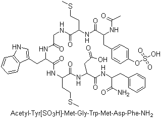 structure of CAS# 77275-51-5, N-Acetyl-O-sulfo-L-tyrosyl-L-methionylglycyl-L-tryptophyl-L-methionyl-L-alpha-aspartyl-L-phenylalaninamide;Acetyl-Tyr[SO3H]-Met-Gly-Trp-Met-Asp-Phe-NH2