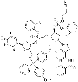 5'-O-[Bis(4-methoxyphenyl)phenylmethyl]-P-(2-chlorophenyl)thymidylyl-(3'→5')-N-benzoyl-2'-deoxy-3'-adenylic acid 2-chlorophenyl 2-cyanoethyl ester molecular structure (CAS 78111-49-6)