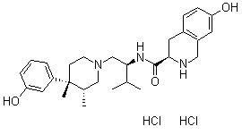 (3R)-1,2,3,4-Tetrahydro-7-hydroxy-N-[(1S)-1-[[(3R,4R)-4-(3-hydroxyphenyl)-3,4-dimethyl-1-piperidinyl]methyl]-2-methylpropyl]-3-isoquinolinecarboxamide hydrochloride molecular structure (CAS 785835-79-2)