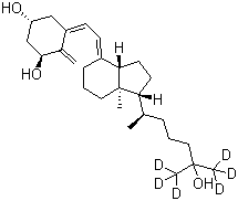 structure of CAS# 78782-99-7, 1-alpha,25-Dihydroxy Vitamin D3-d<sub>6</sub>;1alpha,25-Dihydroxyvitamin D3-[26,26,26,27,27,27]-d<sub>6</sub>; (1R,3S,5Z)-4-methylene-5-[(2E)-2-[(1R,3aS,7aR)-octahydro-1-[(1R)-5-hydroxy-1-methyl-5-(methyl-d<sub>3</sub>)hexyl-6,6,6-d<sub>3</sub>]-7a-methyl-4H-inden-4-ylidene]ethylidene]-1,3-cyclohexanediol; Calcitriol-d<sub>6</sub>