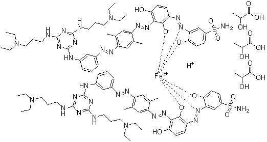 2-Hydroxypropanoic acid compd. with hydrogen [3-[[3-[[4-[[3-[[4,6-bis[[3-(diethylamino)propyl]amino]-1,3,5-triazin-2-yl]amino]phenyl]azo]-2,5-dimethylphenyl]azo]-2,4-dihydroxyphenyl]azo]-4-hydroxybenzenesulfonamidato(2-)][3-[[5-[[4-[[3-[[4,6-bis[[3-(diethylamino)propyl]amino]-1,3,5-triazin-2-yl]amino]phenyl]azo]-2,5-dimethylphenyl]azo]-2,4-dihydroxyphenyl]azo]-4-hydroxybenzenesulfonamidato(2-)]ferrate(1-) (3:1) molecular structure (CAS 80410-35-1)