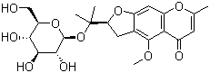 结构式 CAS# 84272-85-5, 5-O-甲基维斯阿米醇苷; (S)-2-[1-(beta-D-吡喃葡萄糖基氧基)-1-甲基乙基]-2,3-二氢-4-甲氧基-7-甲基-5H-呋喃并[3,2-g][1]苯并吡喃-5-酮