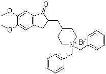 structure of CAS# 844694-85-5, 4-[(2,3-Dihydro-5,6-dimethoxy-1-oxo-1H-inden-2-yl)methyl]-1,1-bis(phenylmethyl)piperidinium bromide