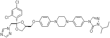 结构式 CAS# 84625-61-6, 伊曲康唑; 4-[4-[4-[4-[[cis-2-(2,4-二氯苯基)-2-(1H-1,2,4-三唑-1-基甲基)-1,3-二氧戊环-4-基]甲氧基]苯基]哌嗪-1-基]苯基]-2-[(1RS)-1-甲基丙基]-1,2,4-三唑-3-酮
